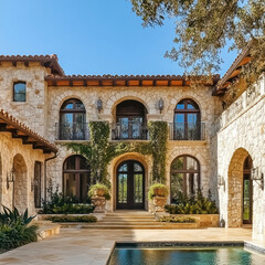 Fototapeta premium Luxurious Mediterranean style villa with stone exterior, lush greenery, and elegant architecture. pool area complements stunning design, creating serene outdoor space