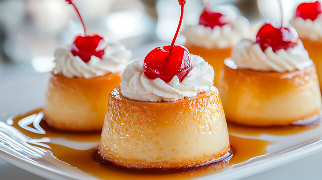 Extreme Close-Up of Velvety Caramel Flan with Whipped Cream Topping
