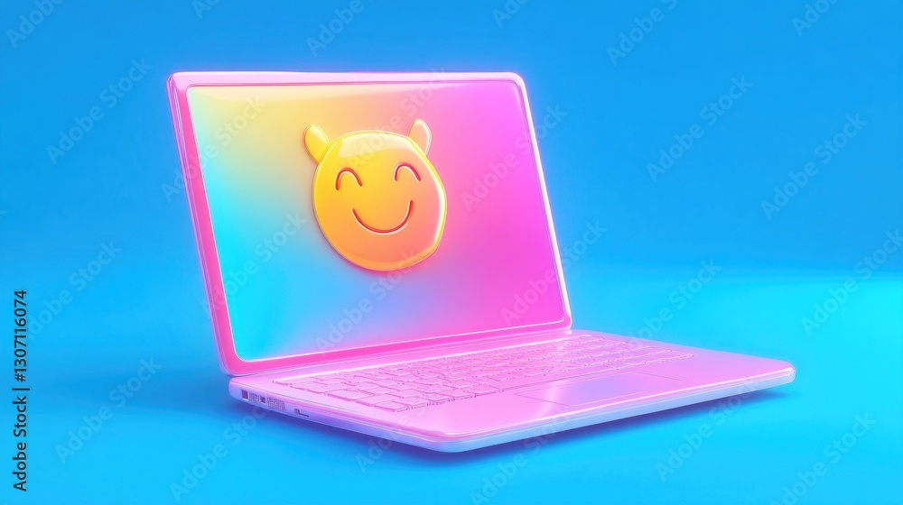 Poster 3d rendering of a pink laptop with a happy devil emoji on a gradient screen.
