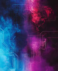 Obraz premium Digital Cloudscape: An abstract, digital composition features a nebula-like formation of vibrant blue, purple, and red hues intertwined with intricate circuit board patterns.