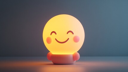 Cute, smiling, cartoon character lamp, glowing, warm light.