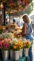 Caucasian mature female selecting colorful flowers at outdoor market stall