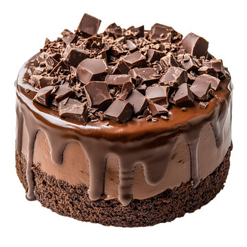 A chocolate cake with chocolate frosting and chocolate chunks on top.