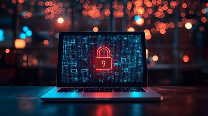Laptop with digital lock, cybersecurity concept