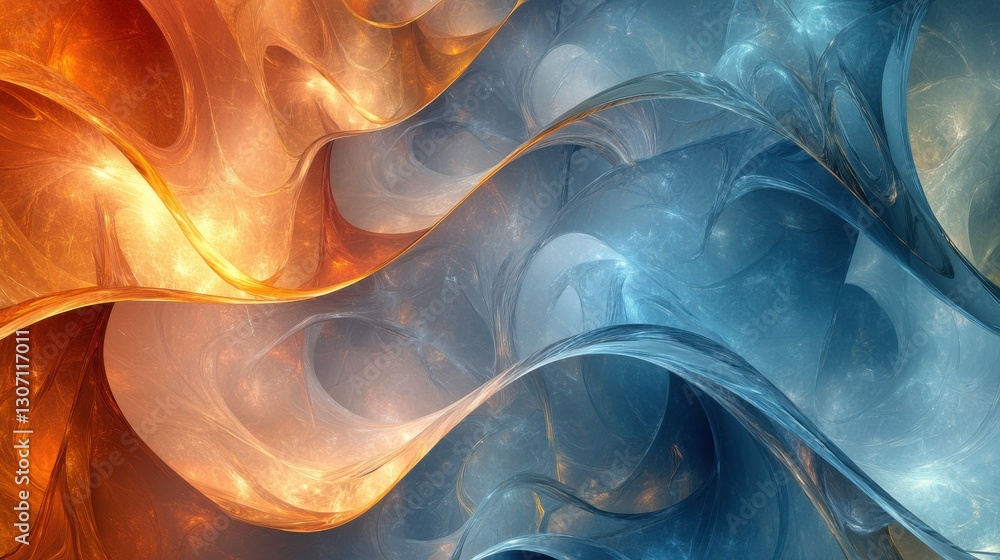 Poster a vibrant swirl of orange and blue waves, creating a dynamic and fluid abstract design with a sense 