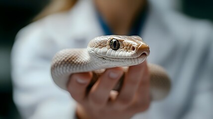 Fototapeta premium Close-up of a person in a lab coat gently holding a snake, showcasing a scientific study in a lab