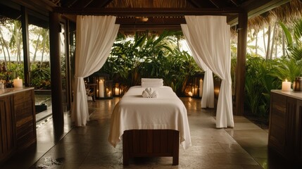Fototapeta premium Serene Spa Treatment Room with Tropical Vibes Surrounded by Lush Greenery, Soft Lighting, and Relaxing Ambiance for Ultimate Rejuvenation Experience