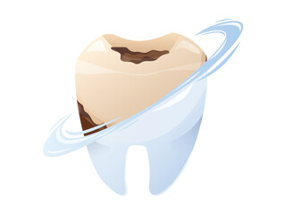 Vector isolated Cartoon illustration of a dirty tooth being cleaned, transforming into a healthy white one with a shiny effect. Concept of dental hygiene, tooth whitening, and oral care.