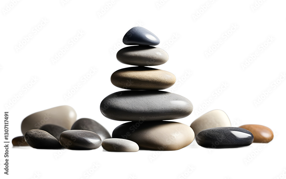 Poster a stack of smooth river stones symbolizing balance and harmony, isolated on a empty plain background