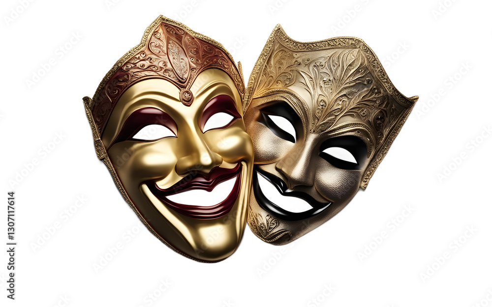 Poster A theatrical mask with one half smiling and the other half frowning symbolizing duality and emotions, isolated on a empty plain background
