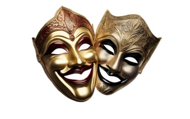 A theatrical mask with one half smiling and the other half frowning symbolizing duality and emotions, isolated on a empty plain background