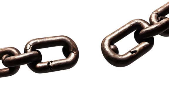 A thick iron chain with a broken link representing liberation and freedom, isolated on a empty plain background