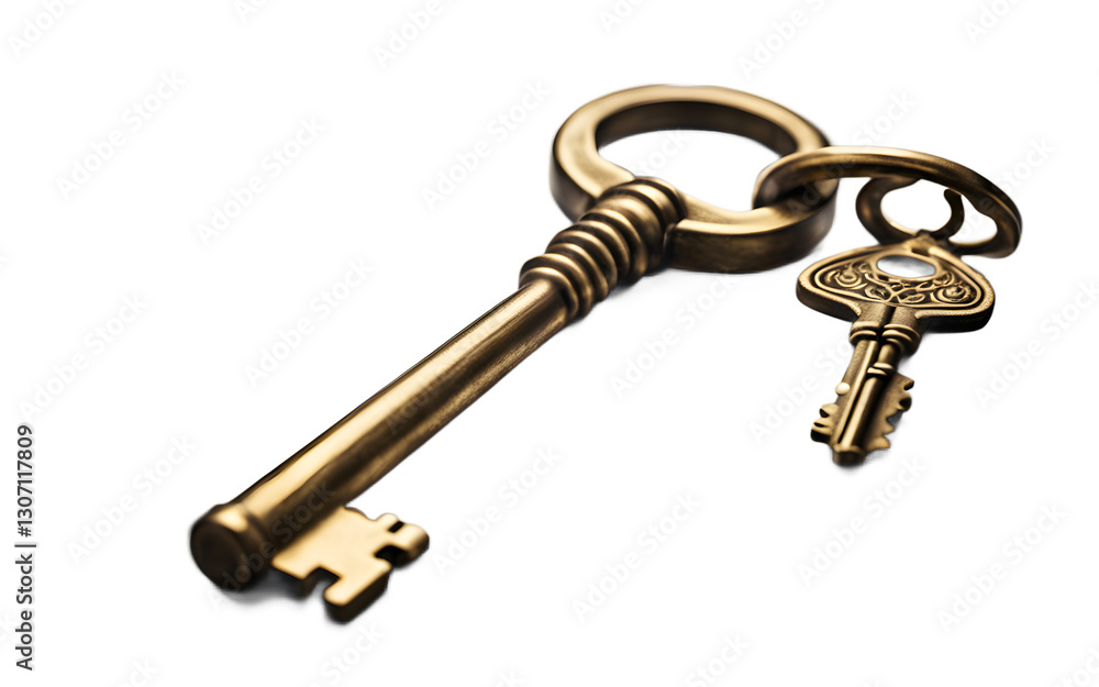 Poster a vintage brass key symbolizing secrets and access, isolated on a empty plain background