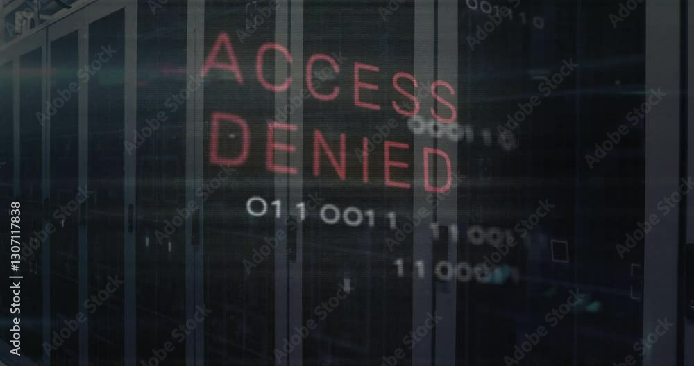 Poster digital binary code and server racks with access denied animation in foreground