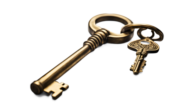 A vintage brass key symbolizing secrets and access, isolated on a empty plain background