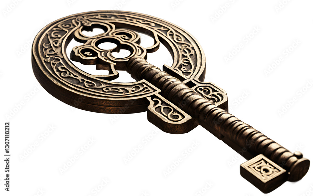 Poster an ancient key with intricate engravings representing hidden knowledge, isolated on a empty plain ba