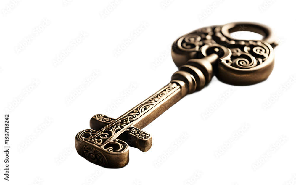 Poster an ancient key with intricate engravings representing hidden knowledge, isolated on a empty plain ba