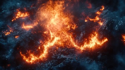 Fototapeta premium Fiery explosion of vibrant orange, yellow, and black flames dancing against a dark, brooding sky, with a touch of serene blue peeking at the horizon