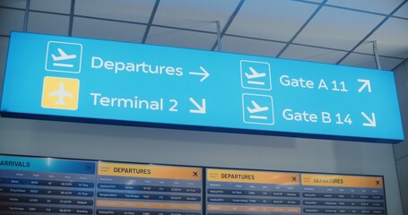 Modern Bright International Airport Terminal: Illuminated LED Sign Directing Passengers to...