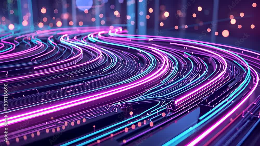 Poster futuristic high-speed data transmission with glowing neon light trails flowing in a digital network 