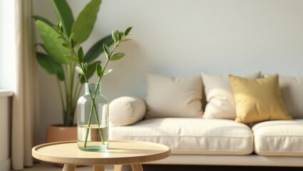 Simple elegance greenery in glass vase on wooden side table near a neutral colored sofa