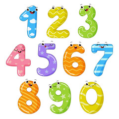Vector set of bright and colorful numbers with emotions for children