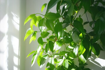 Lush Green Foliage with Sunlight Illuminating Indoor Plant Leaves