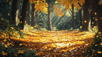 A forest floor covered in golden autumn leaves, soft sunlight filtering through the trees, peaceful and vibrant atmosphere, ultra-detailed, high resolution.