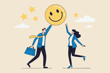 Employee happiness, job satisfaction or company benefit, happy workplace or positive attitude, work motivation concept, happy businessman and woman holding smiling face symbol in joyful workplace.