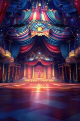 Fototapeta premium Luxurious circus-themed stage with grand red curtains, vintage lighting, and elegant theatrical decor