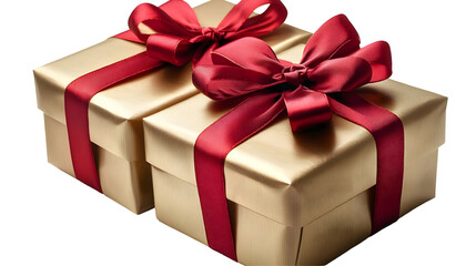 Obraz premium Gold Gift Boxes Tied with Red Ribbons Isolated on White Background