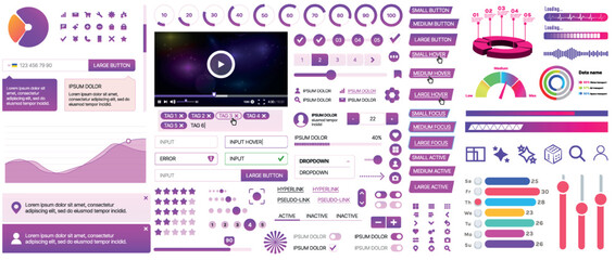 A set of UI components for mobile apps and websites: buttons, forms, icons, menus, panels and infographics. Modern minimalist design with gradients for easy interaction