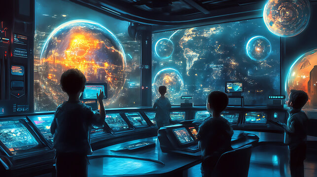 future classroom with children engaging in digital learning using smart technology interactive displays and innovative education system in modern school environment