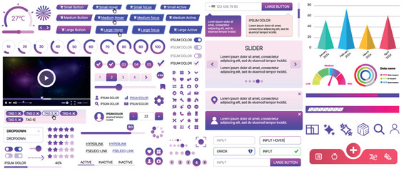 A set of UI components for mobile apps and websites: buttons, forms, icons, menus, panels and infographics. Modern minimalist design with gradients for easy interaction