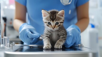 Adorable tabby kitten being examined by a veterinarian in a bright, modern clinic setting
