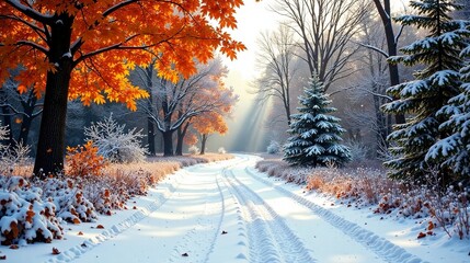 Naklejka premium A snow-covered path winds through a winter wonderland, where vibrant orange leaves cling to branches dusted with a light snowfall, creating a breathtaking scene of contrasting colors and textures.