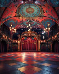 Obraz premium Luxurious circus-themed stage with grand red curtains, vintage lighting, and elegant theatrical decor