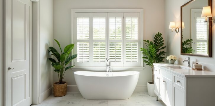 Luxurious white plantation shutters enhance bathroom's spa-like atmosphere , timeless, white, natural light