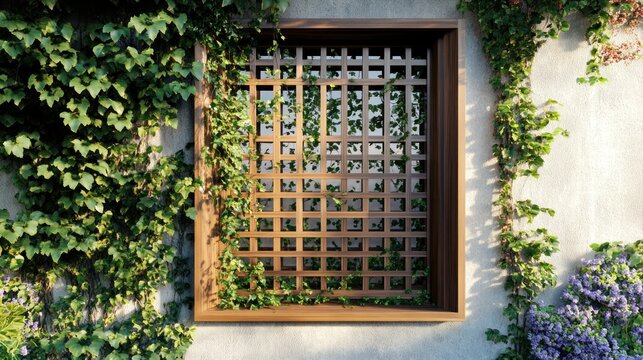 Wooden lattice window framed by lush ivy on a light beige wall,  with small purple flowers at the bottom.