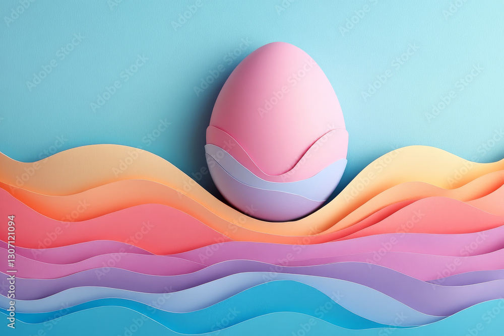 Poster egg-shaped pastel object on a blue background with wavy layered colors. concept of modern design and