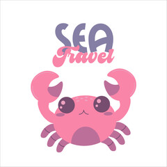 Flat style illustration of a cute pink crab with large claws and expressive eyes, with lettering
