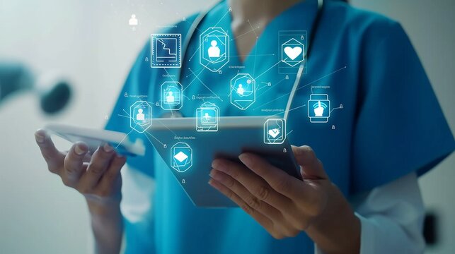 Healthcare professional using digital tablet with futuristic medical interface showing patient data and health information