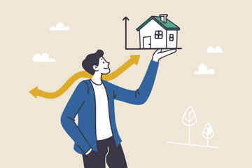 House and property investment, real estate price growth or mortgage calculation chart, buy or rent house decision concept, smart businessman property expertise presenting house pricing graph.