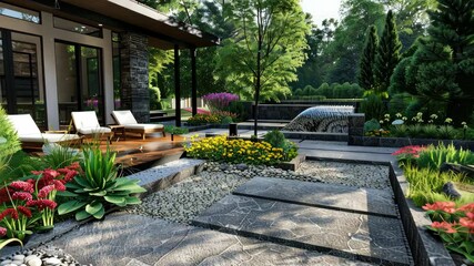 Explore a stunning backyard garden featuring stone paths, colorful flowers, and serene landscaping in a sunny setting
