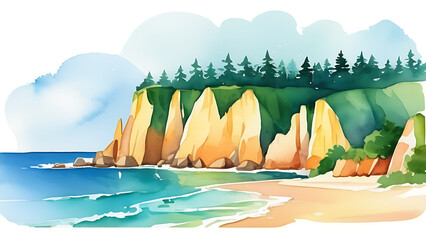 Coastal Cliff Watercolor Painting with Trees and Beach Landscape