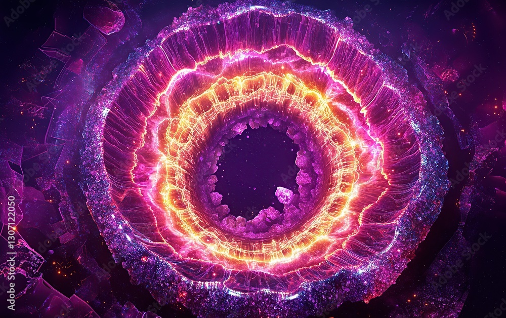 Poster abstract digital art of an illuminated futuristic circular pattern with neon lines on a dark purple 