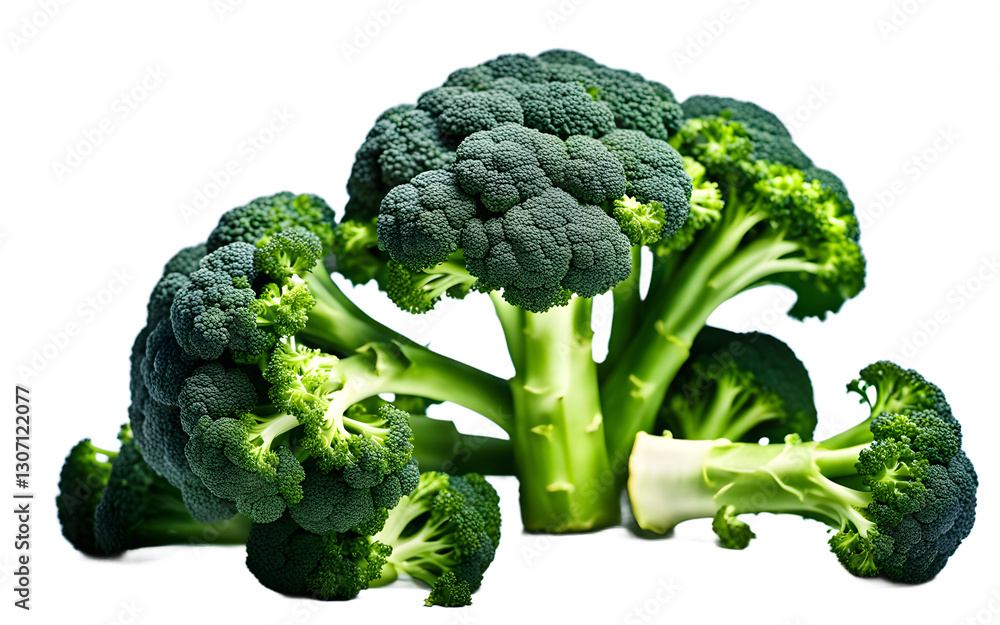 Poster a bunch of broccoli with vibrant green florets, isolated on a empty plain background