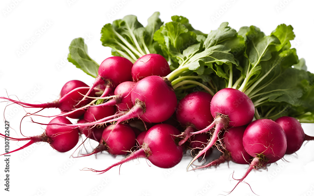 Poster a bunch of radishes with red roots and green tops, isolated on a empty plain background