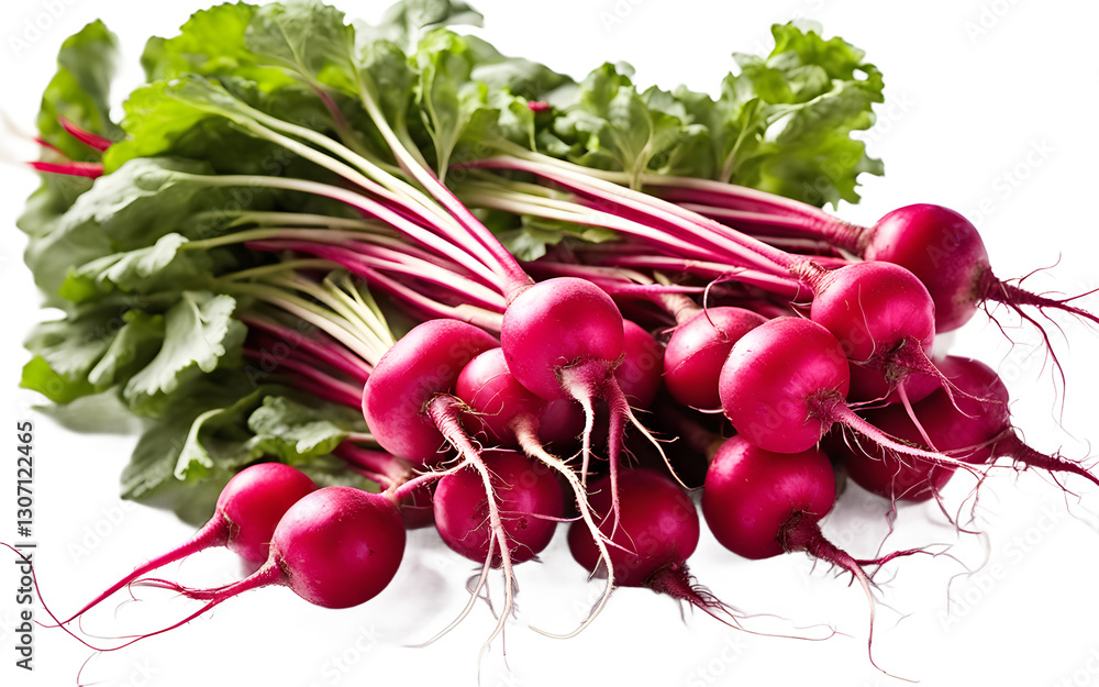 Poster a bunch of radishes with red roots and green tops, isolated on a empty plain background