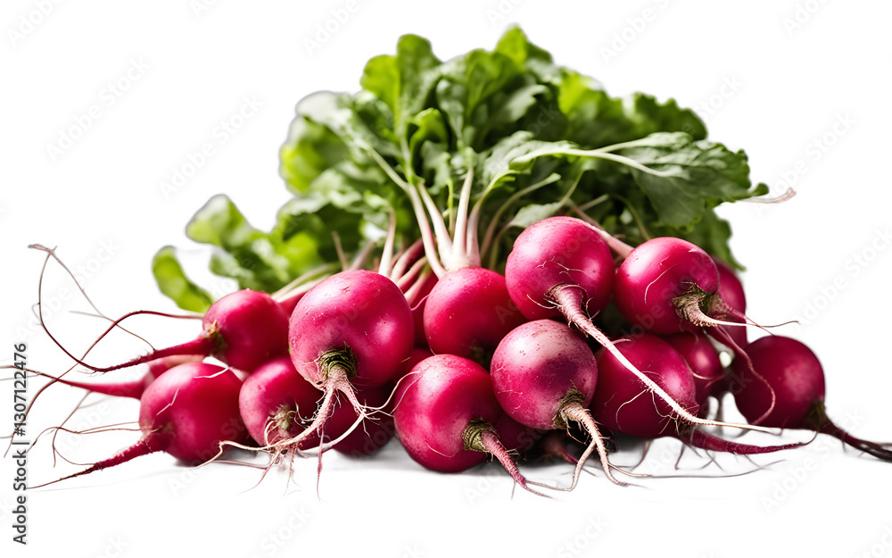 Poster a bunch of radishes with red roots and green tops, isolated on a empty plain background